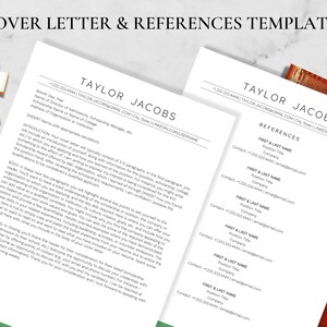 May include: A black and white cover letter and references template with the name Taylor Jacobs and contact information. The cover letter template includes a sample introduction, body, and closing. The references template includes a list of references with their contact information.