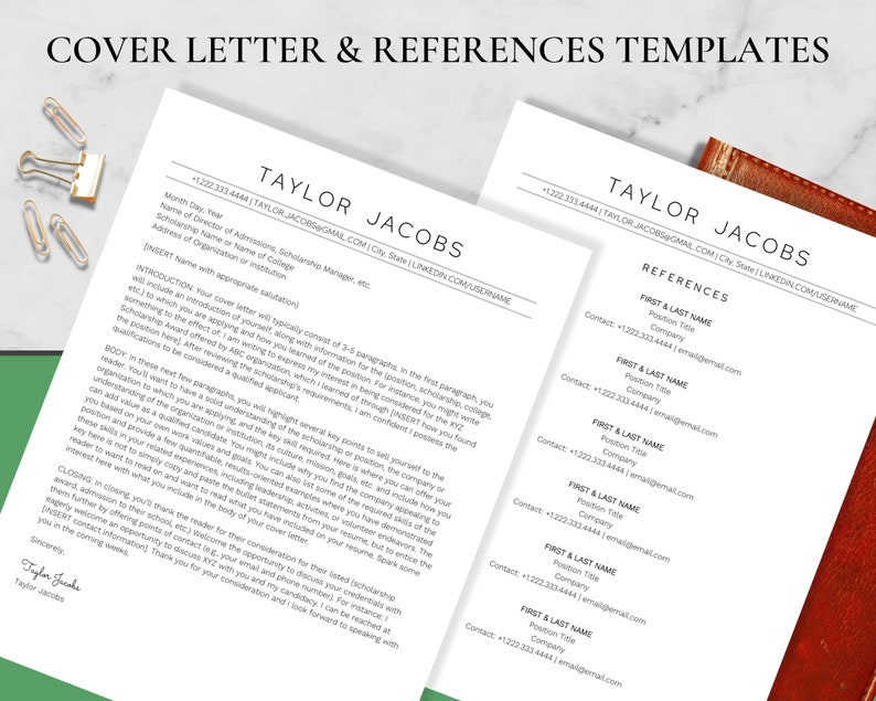 May include: A black and white cover letter and references template with the name Taylor Jacobs and contact information. The cover letter template includes a sample introduction, body, and closing. The references template includes a list of references with their contact information.