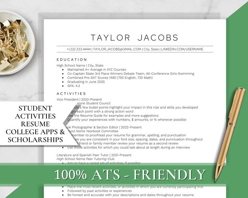 May include: A resume template with the title "100% ATS - FRIENDLY" and a list of tips for creating a resume that is ATS-friendly. The tips include placing the most recent activities first, being honest and accurate with descriptions and dates, and quantifying experiences with numbers, amounts, or percentages.