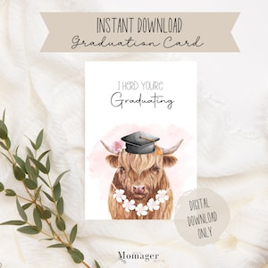 Cute Highland CowGraduation Card 2024 voor uw dierbaren, een vriend of collega, voor High School University College, Digital Instant