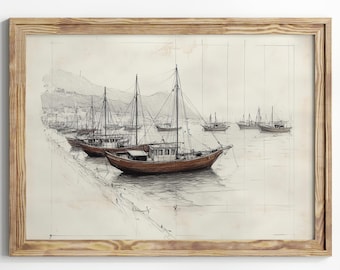 Vintage Sailboat Wall Art, Nautical Sketch Print, Maritime Art Decor, Boat Illustration Poster, Coastal Art Print, Seaside Decor