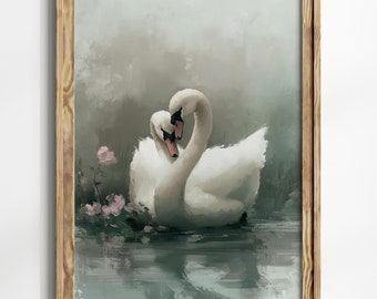 Swan Art Print, Vintage Printable Wall Art, Pastel Farmhouse Nursery Painting, Antique Swan Wall Art