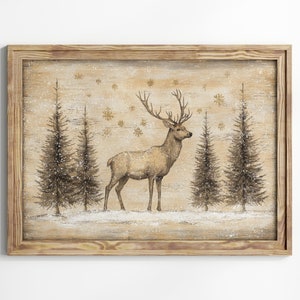 Rustic Winter Deer Snowy Forest Print, Woodland Animal Wall Art, Nature Inspired Home Decor, Holiday Season Decor, Winter Wildlife Art