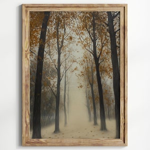 Arte mural con sendero forestal otoñal, decoración de otoño, impresión de paisaje de naturaleza tranquila, escena de bosque sereno, decoración con impresión de árboles, pintura de bosque brumoso