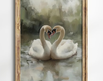 Swan Couple Wall Art, Romantic Swan Painting, Living Room Decor, Swan Print, Nature Inspired Art, Elegant Wall Decor, Valentine's Day Art