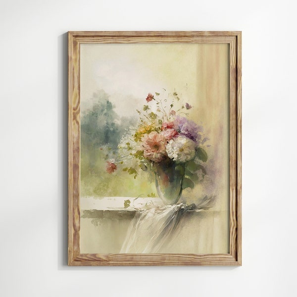 Neutral Still Life Watercolor, Vintage Spring Flowers Bouquet in Cristal Vase, Floral Art Print, Printable Flowers Watercolor Painting