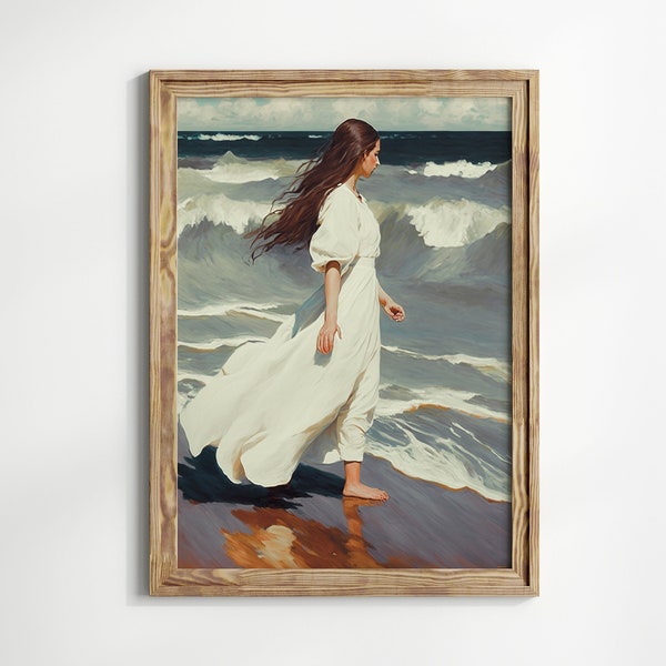 Woman Walking on the Beach, Vintage Beach Art Print Digital Download, Antique Art Female Portrait Painting,  Beach Artwork