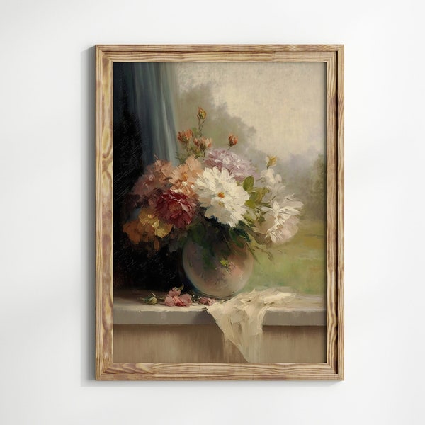 Spring Flowers In A Vase Painting, Antique Floral Oil Painting, Vintage Floral Bouquet Art, Romantic Cottagecore Decor