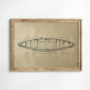 Puede incluir: Un dibujo en blanco y negro de un barco de madera con remos, enmarcado en un marco de madera claro sobre una pared blanca.