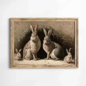 Family of Rabbits Vintage Oil Painting, Vintage Easter Bunny Print, Spring Wall Art, Bunnies Decor Print, Easter Rabbit Home Decor