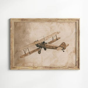 May include: A framed sepia-toned illustration of a vintage biplane against a textured background. The plane is drawn in detail, with visible wings, propeller, and landing gear.