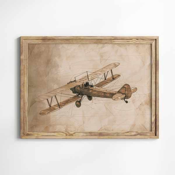 Vintage Biplane Sketch Print, Classic Airplane Drawing, Antique Aviation Decor, Pilot Gift, Large Wall Art, Downloadable Printable Art