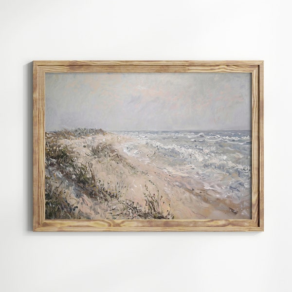 Abstract Coastal Seaside Painting, Vintage Moody Coast Print, Muted Seascape Oil Painting, Muted Sea Printable Art, Neutral Pale Tone Colors