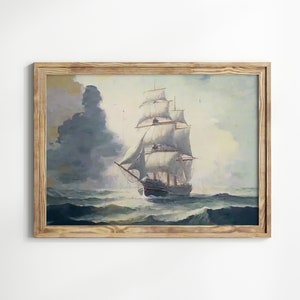 海を航海する船の絵画プリント、航海装飾、ヴィンテージ海洋アート、アンティーク海水ウォールアート、ダウンロード可能な印刷可能なアート