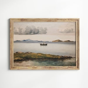 Boat Navigating a Relaxing Seascape, Nautical Wall Decor, Vintage Maritime Art, Antique Ocean Wall Art, Boat Print, Muted Colors Painting image 1