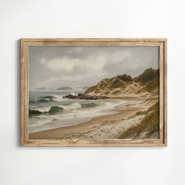 Antique Coastal Seaside Painting, Vintage Moody Coast Print, Muted Seascape Oil Painting, Muted Sea Printable Art, Neutral Pale Tone Colors