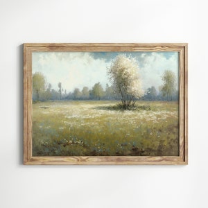 Spring Meadow and Tree, Muted Vintage Country Landscape, Wildflowers & Tree, Impressionist Printable Wall Decor, Neutral Farmhouse Decor