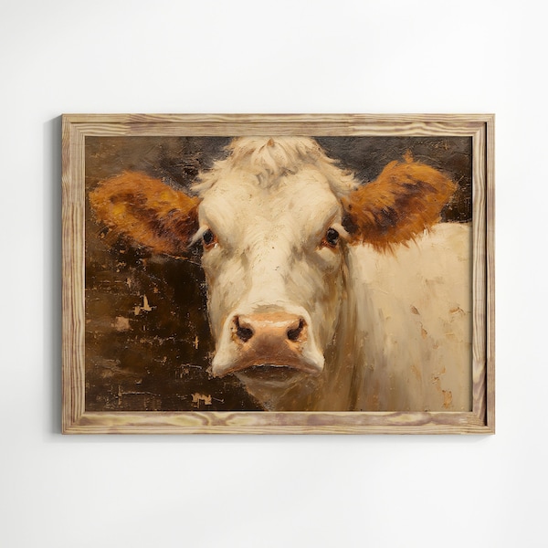 Vache gros plan Portrait peinture impression, impression d’Art abstrait vintage vache, animaux de la ferme, ferme Country Decor, sud-ouest Art Decor