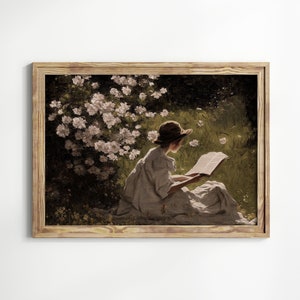 Young Girl Reading in Country Garden, Muted Spring Green Oil Painting, Neutral Farmhouse Home Decor, Impressionist Portrait Painting Print image 1