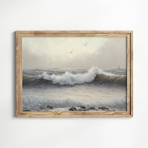 ヴィンテージ オーシャンシースケープアートプリント デジタルダウンロード、海景画、ビーチアートワーク、オーシャンウォーターウォールアート、風景プリント