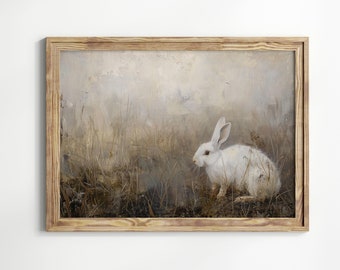 Impresión de pintura al óleo de conejito vintage, arte mural de Pascua, conejo imprimible, decoración de guardería rústica neutra, decoración de granja antigua, impresión vintage