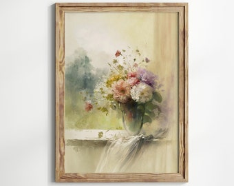 Aquarelle neutre nature morte, bouquet de fleurs printanières vintage dans un vase en cristal, impression d'art floral, peinture à l'aquarelle de fleurs à imprimer