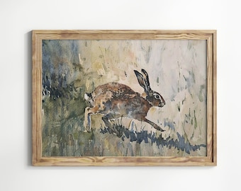 Vintage Bunny Watercolor Painting, Easter Wall Art, Rabbit Printable, Neutral Country Nursery Decor, Antique Farmhouse Decor,  Vintage Print