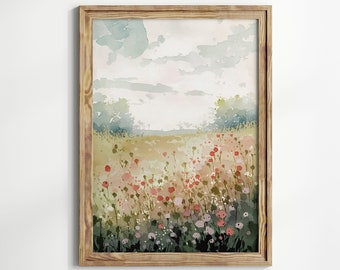 Abstract Flower Field Landscape Print, Flower Meadow Watercolor Painting, Vintage Wall Art Home Decor, Spring Vibrant Pastel Colors Artwork