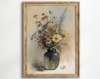 Peinture à l'huile de nature morte neutre, bouquet de fleurs de printemps vintage dans un vase en cristal, impression d'art floral, peinture de fleurs imprimable