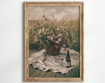 Rustic Picnic Basket and Wine Painting Print, Outdoor Scene Wall Art, Vintage Style Home Decor, Still Life Art Decor