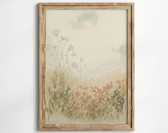 Abstract Flower Field Landscape Print, Flower Meadow Illustration, Vintage Wall Art, Spring Vibrant Pastel Colors Artwork