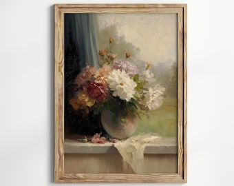 Spring Flowers In A Vase Painting, Antique Floral Oil Painting, Vintage Floral Bouquet Art, Romantic Cottagecore Decor