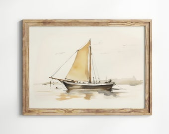 Sailboat Watercolor Painting Print, Nautical Decor, Vintage Maritime Art, Antique Ocean Water Wall Art, Downloadable Printable Art
