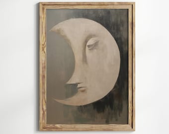 Vintage Half Moon Face Printable Art, Abstract Wall Decor, Surrealist Moon Wall Art, Farmhouse Home Decor, Nursery Wall Art, Rustic Art