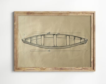 Impresión de boceto de un bote de remos, decoración náutica, arte marítimo vintage, arte mural antiguo con agua del océano, arte imprimible descargable