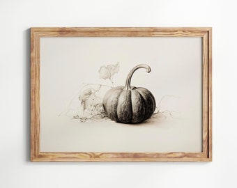 Vintage Pumpkin Drawing, Primitive Fall Decor, Autumn Still Life Print, Thanksgiving Decor, Kitchen Wall Art