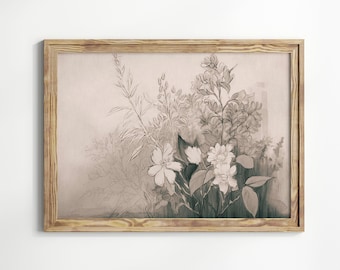 Vintage Flowers Sketch Drawing, Vintage Botanical Illustration, Abstract Neutral Floral Still Life Print, Antique Botanical Print