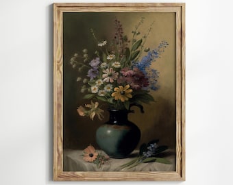 Spring Flowers In A Vase Painting, Antique Floral Oil Painting, Vintage Floral Bouquet Art, Romantic Cottagecore Decor