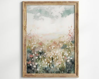 Flower Meadow Watercolor Painting, Abstract Flower Field Landscape Print, Spring Vibrant Pastel Colors Artwork, Vintage Wall Art Home Decor
