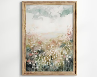水彩画 自然の風景 花ア―ト・抽象 抽象的なカラフルな花の水彩画。建物と壁が海の近くにある春