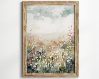 Flower Meadow Watercolor Painting, Abstract Flower Field Landscape Print, Spring Vibrant Pastel Colors Artwork, Vintage Wall Art Home Decor