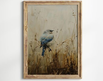 Blue Bird Print, Vintage Style Bird Painting, Serene Nature Wall Art, Country Farmhouse Decor, Rustic Home Decor, Bird Lover Gift