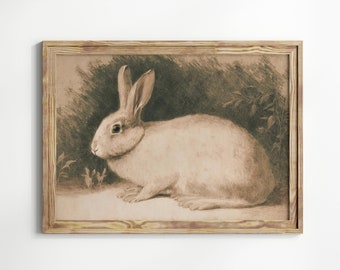 Easter Rabbit Vintage Illustration, Antique Art Print, Printable Bunny Digital Poster, Neutral Country Nursery Wall Art, Farmhouse Decor
