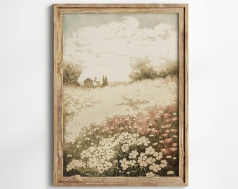 Flower Meadow Illustration, Abstract Flower Field Landscape Print, Vintage Wall Art, Spring Artwork