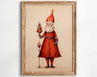 Vintage Santa Claus Illustration Print, Children Christmas Printable Art,  Winter Kids Drawing, Xmas Holiday Wall Art, Old Christmas Decor