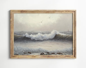 vintage Ocean Seascape Art Print Digital Download, Seascape Painting, Beach Artwork, Ocean Water Wall Art, Landscape Prints