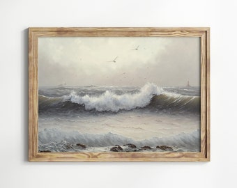 Vintage oceaan zeegezicht kunst print digitale download, zeegezicht schilderij, strandkunstwerk, oceaanwater kunst aan de muur, landschapsafdrukken
