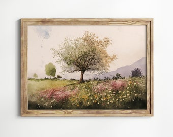 Arbre sur une colline vintage aquarelle colorée, décor de printemps de pays, impression de peinture de paysage de printemps, Art téléchargeable Cottagedecor
