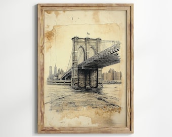 絵画 ブルックリン橋 ヴィンテージブルックリン橋の絵、ニューヨーク市のアンティーク