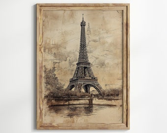 May include: A framed sepia-toned illustration of the Eiffel Tower in Paris, France. The tower is depicted in a detailed sketch style, with a background of clouds and buildings.